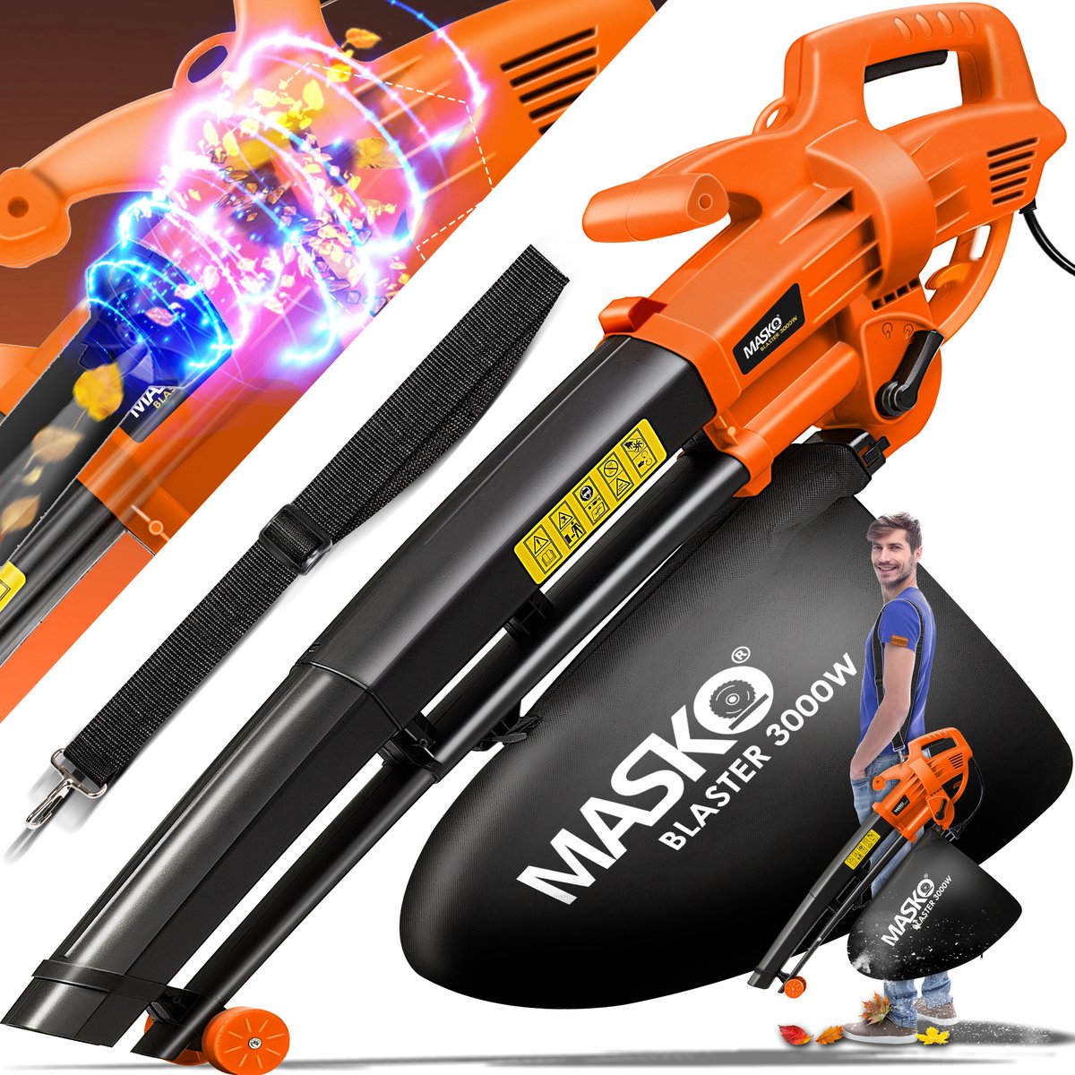 MASKO 3in1 Bladblazer - Bladzuiger 3000W - 45L opvangzak - Oranje