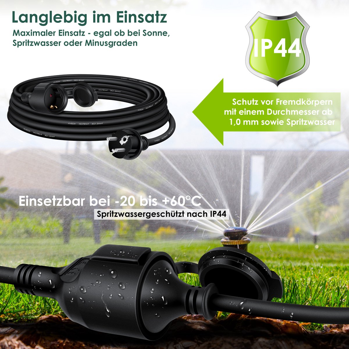 KESSER® Verlengkabel 10 meter voor binnen en buiten IP44 - Zwart