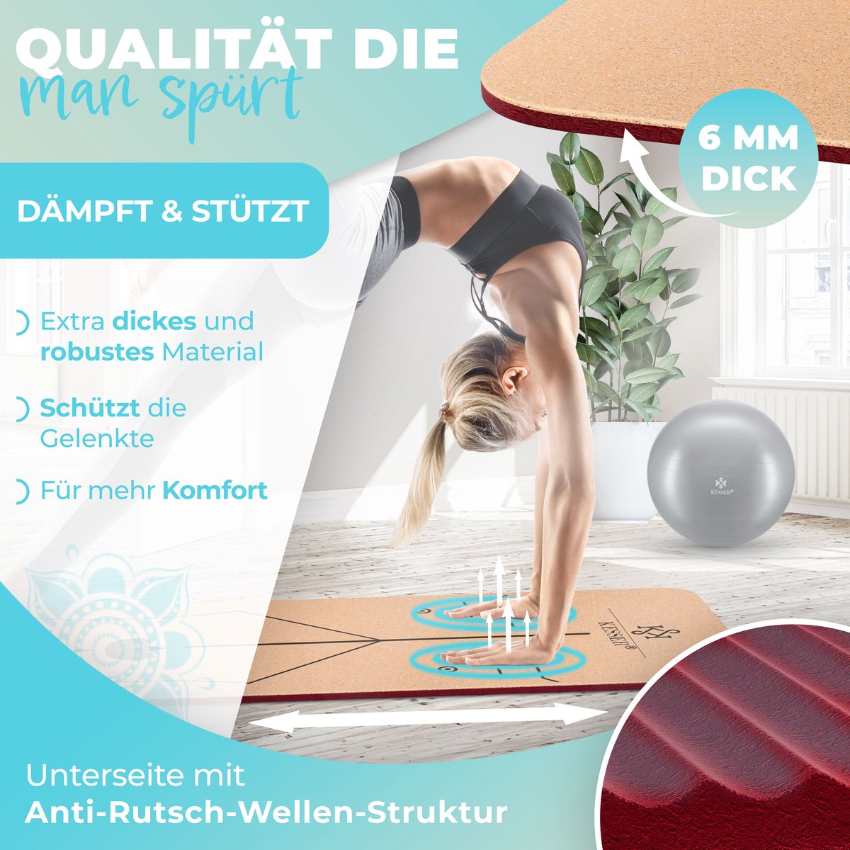 KESSER® Yogamat Kork 183x62cm Turnmat Gymnastiekmat Fitnessmat Inclusief Draagriem Tas & Yoga Blok - Bordeux