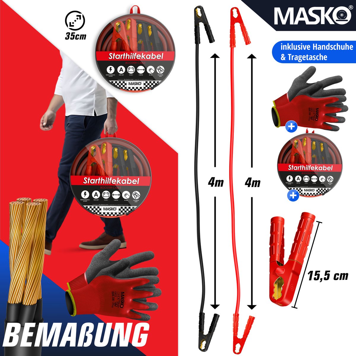 MASKO® Startkabels Auto 4 Meter 1500A voor benzine, diesel en hybride Motoren | Starthulp Jumpstarter Geschikt voor Auto, Vrachtwagen, Bus en Boot| inclusief handschoenen en opbergtas - Zwart / Rood