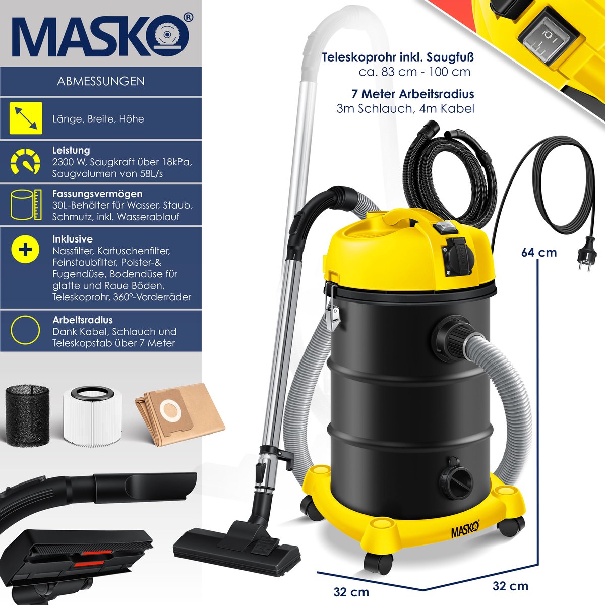 MASKO® Industriële stofzuiger 2300W - Droog- & Natzuigen - Geel