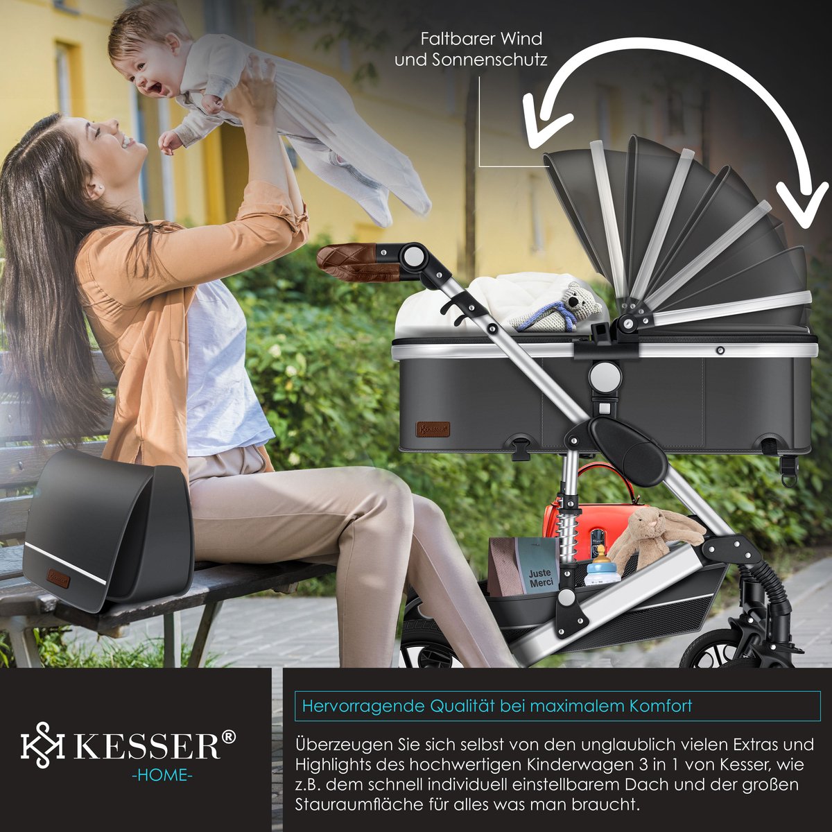 Kinderwagen 3 in 1 - Buggy - Wandelwagen - Kinderbuggy - Grijs - KESSER®