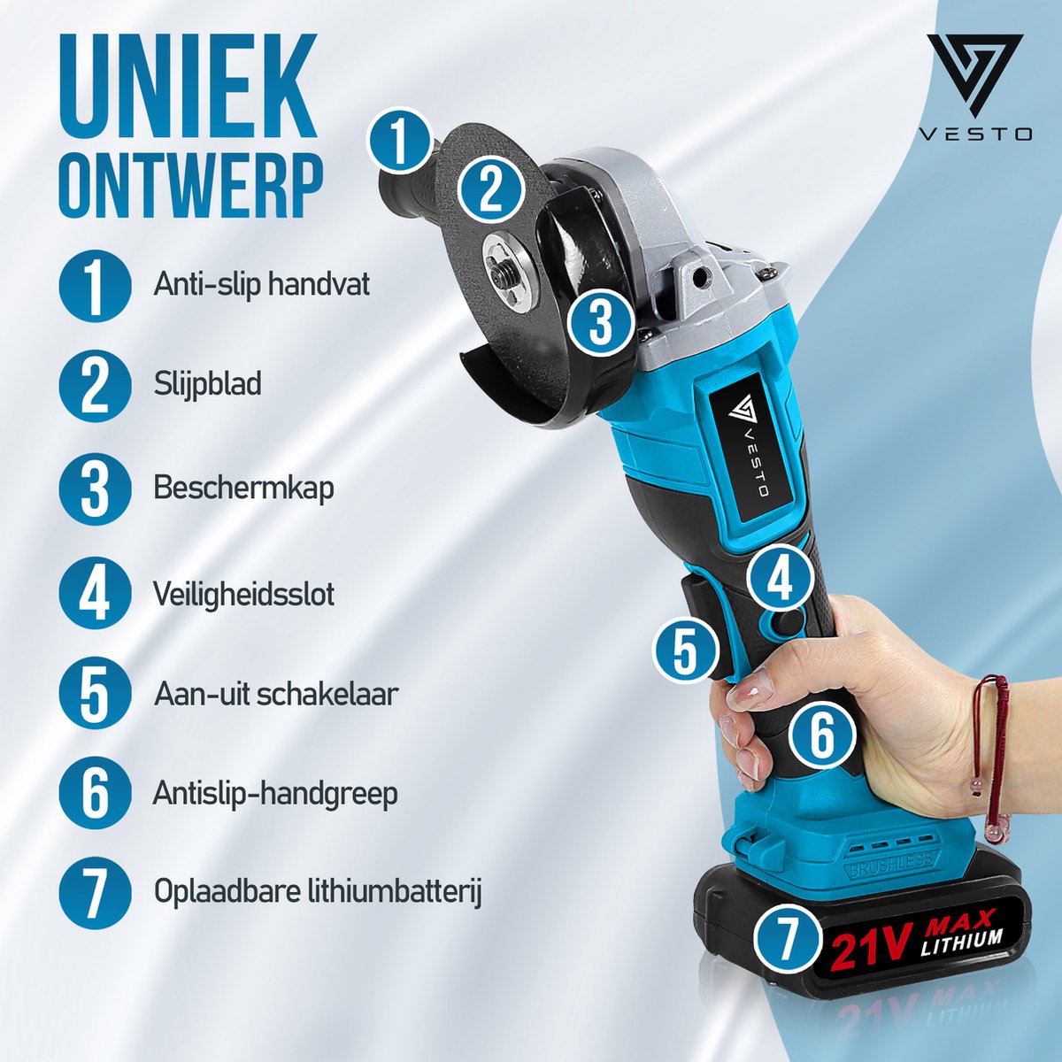 Vesto® Haakse Slijper - Draadloze Slijptol - Elektrische Slijpmachine - Incl. 3x Slijpschijf & 2x Accu - Ø125MM