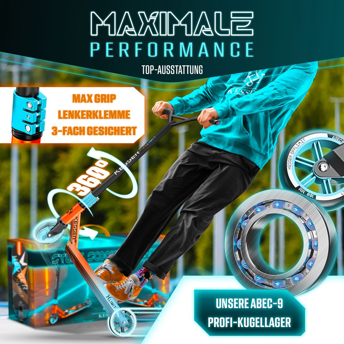 KESSER® X-Limit Stuntstep voor Volwassenen en Kinderen - Step Opvouwbaar en Verstelbaar in Hoogte - Kinderstep met PU Wielen - Rood / Lichtblauw