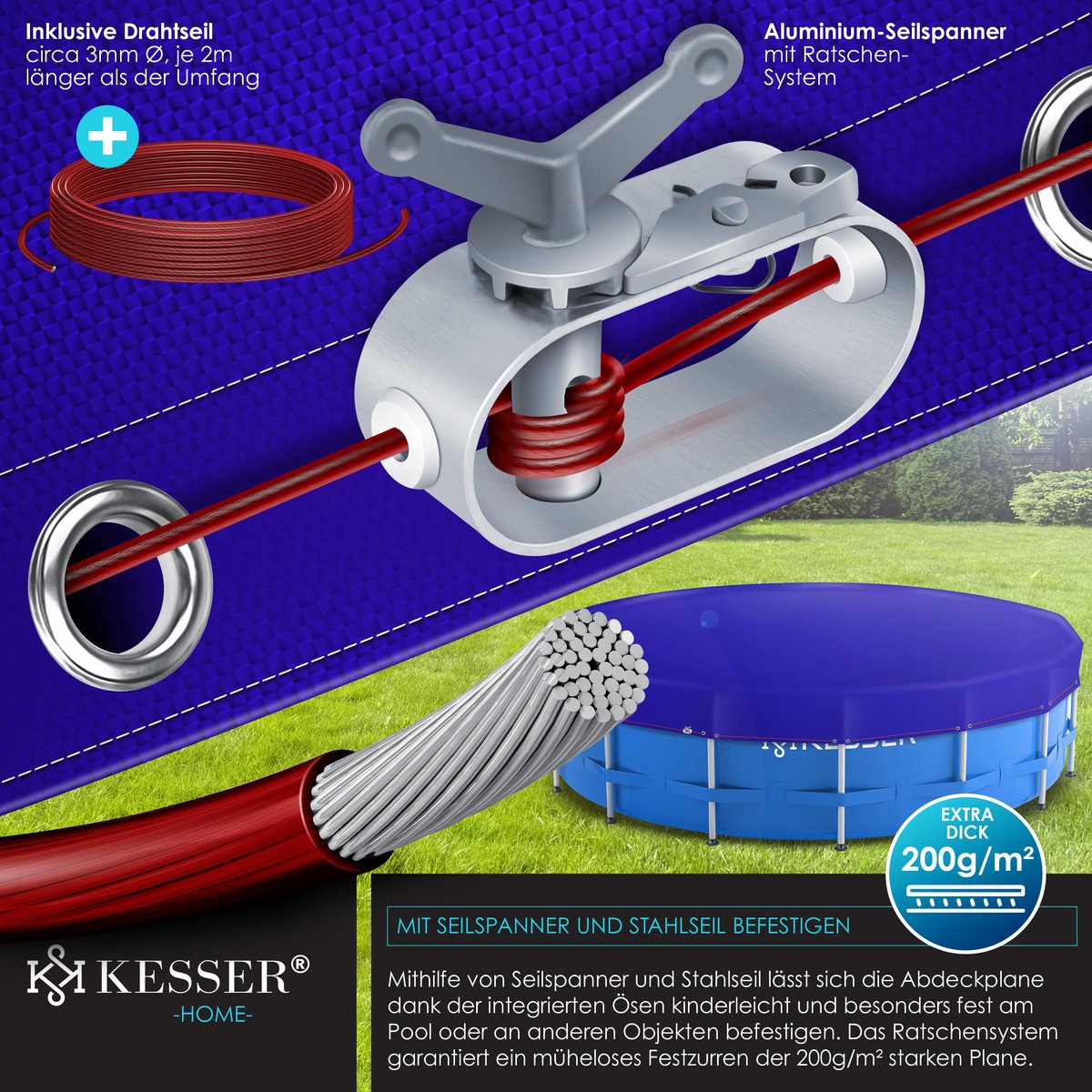 KESSER® Zwembadafdekking - Solar folie - Afdekzeil - Zwembadzeil gemaakt van 200g/m² PE-materiaal Incl. staalkabel + kabelspanner met oogjes Zonneafdekking UV-bestendig zomer & winter - Rond, 366 cm, Blauw / Zwart