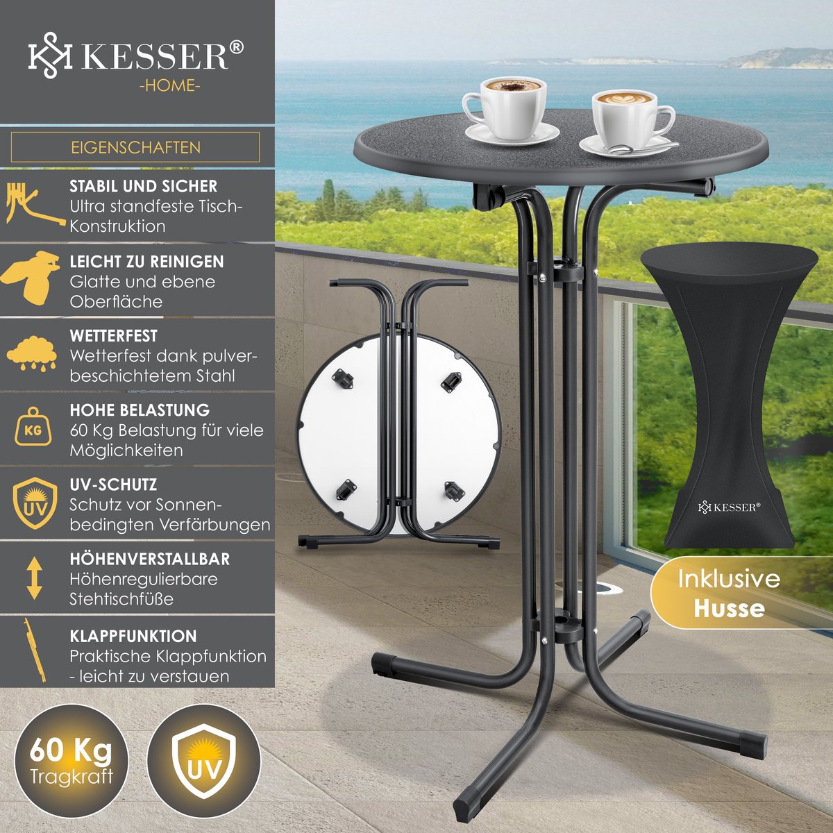 KESSER® Bartafel - Bistrotafel - Klaptafel - 110cm - Zwart