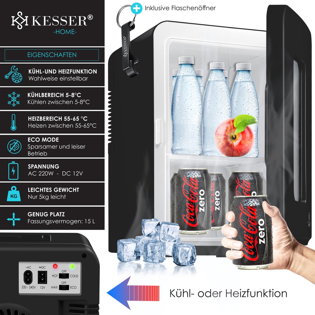 KESSER® Mini-koelkast - 15 Liter - 5-65°C - Zwart