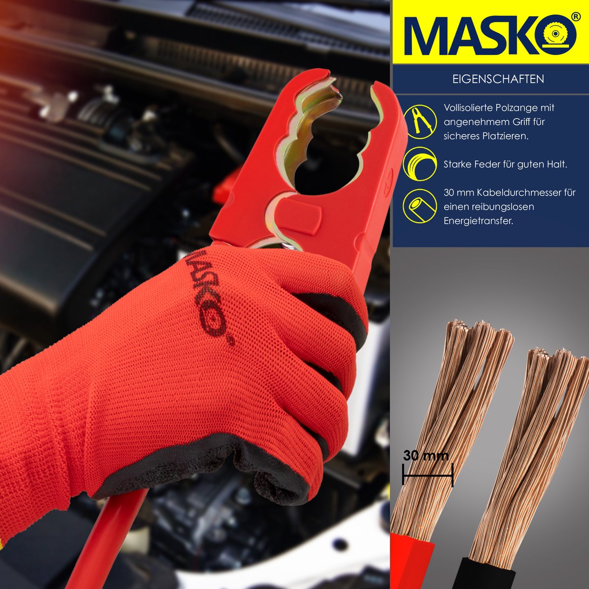 MASKO® Startkabels Auto 4 Meter 1500A voor benzine, diesel en hybride Motoren | Starthulp Jumpstarter Geschikt voor Auto, Vrachtwagen, Bus en Boot| inclusief handschoenen en opbergtas - Zwart / Rood