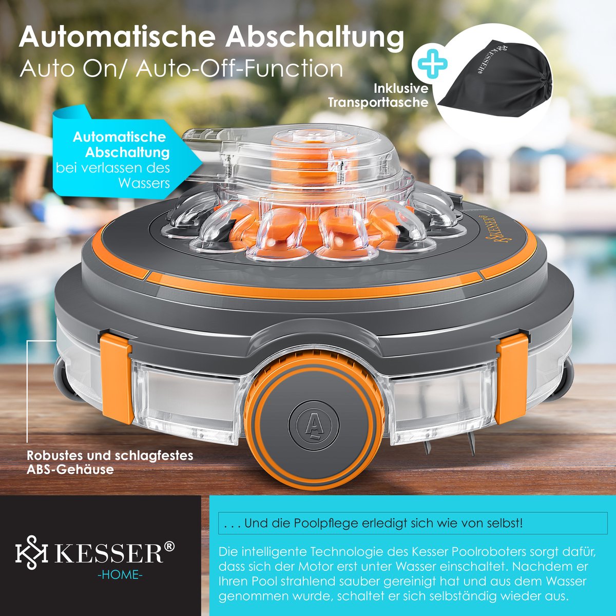 KESSER® Zwembadrobot accu Aqua-9000 incl. transporttas, Stofzuiger voor zwembaden tot 80m², Li-Ion accu max. 75 min, Zwembadreiniger snoerloze zwembadstofzuiger vloerreiniging volautomatische vloerstofzuiger - Oranje