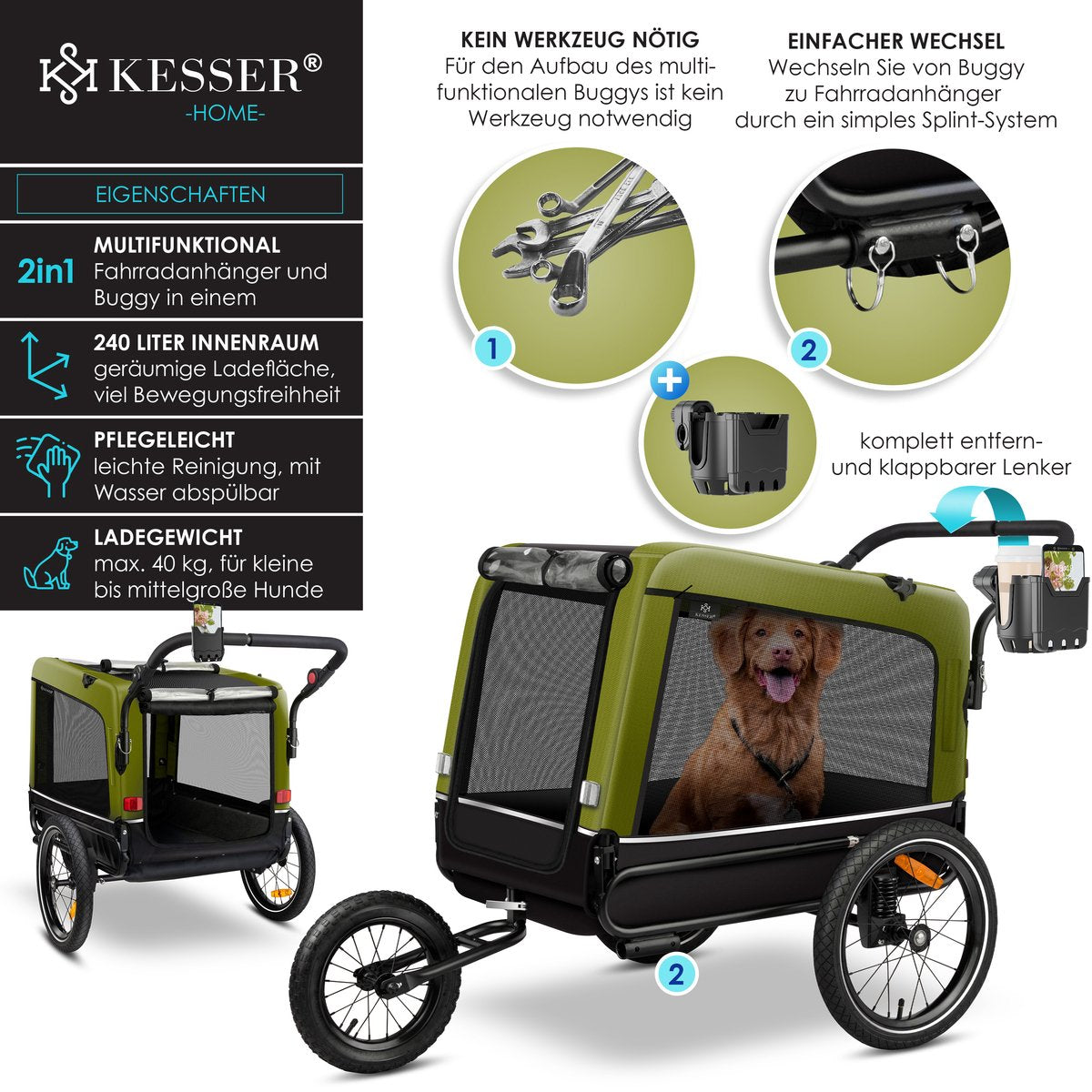 KESSER® Hondenfietskar tot 40 kg 3in1 Hondenbuggy - Fietskar Hond Jogger - Khaki
