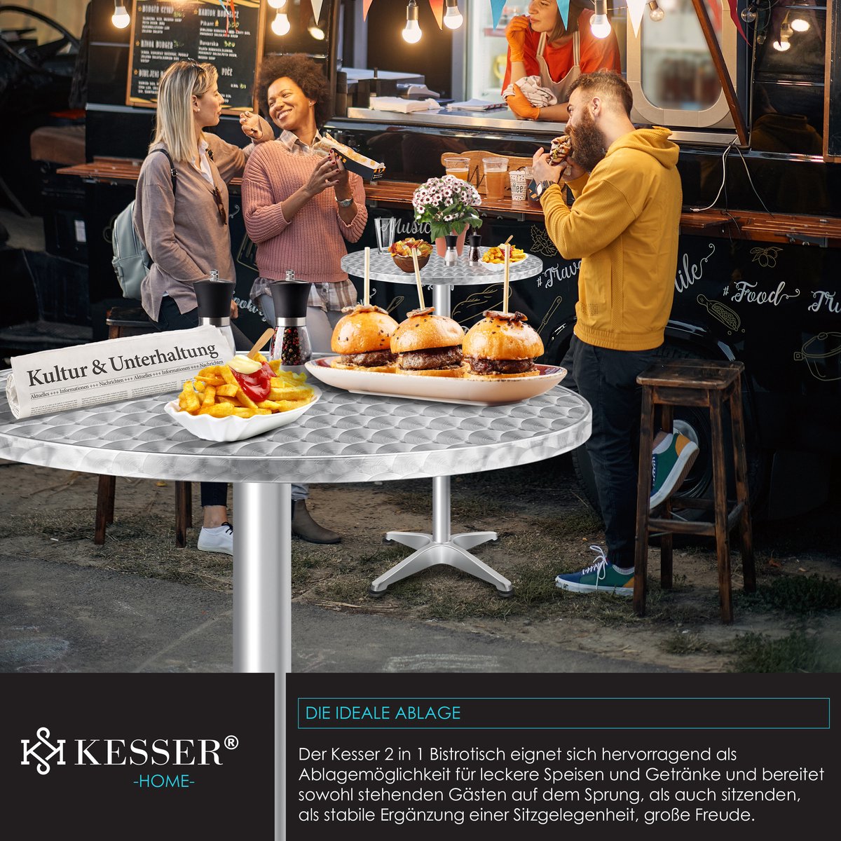 KESSER® bartafel bistrotafel 2in1 aluminium roestvrij stalen blad | in hoogte verstelbaar | 70cm / 115cm | partytafel tafel Ø 80cm | binnen & buiten | bruiloft | receptietafel | 4 poten - Zilver