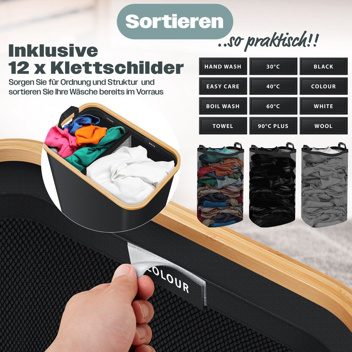 KESSER® Wasmand met Deksel - Opvouwbare Wasbox - Wassorteerder met Uitneembare 3x Waszakken inclusief wasinstructies - Zwart, 140 liter