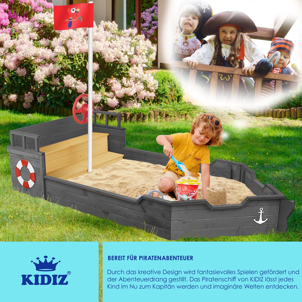 KIDIZ® Zandbak piratendesign - Met bankje - Antraciet