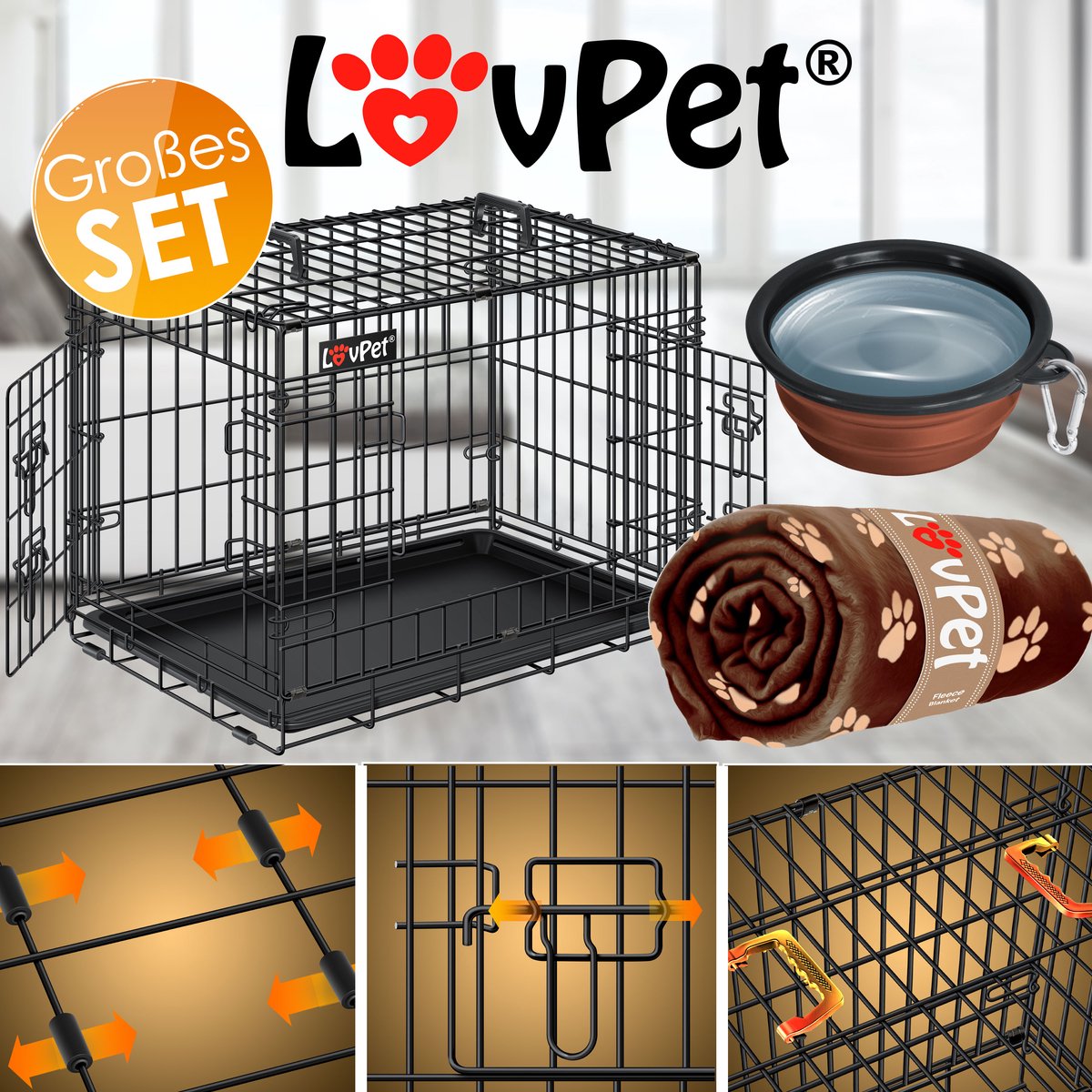 LOVPET® Hondenkooi Opvouwbaar Hondentransportkooi Incl. Fleecedeken + Kom Hondenbox met 2 Deuren Transportkooi Auto, Huisdier Transportbox Hondentransportbox met Vloertray - M, Zwart