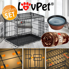LOVPET® Hondenkooi Opvouwbaar Hondentransportkooi Incl. Fleecedeken + Kom Hondenbox met 2 Deuren Transportkooi Auto, Huisdier Transportbox Hondentransportbox met Vloertray - M, Zwart