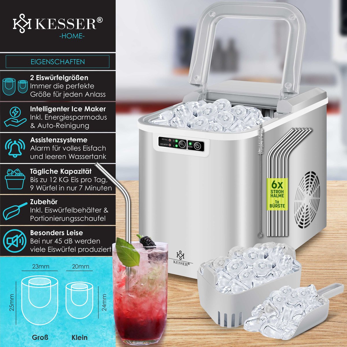 KESSER® Ijsblokjesmaker - Ijsblokjesmachine -12kg/24 uur - RVS - Zilver •