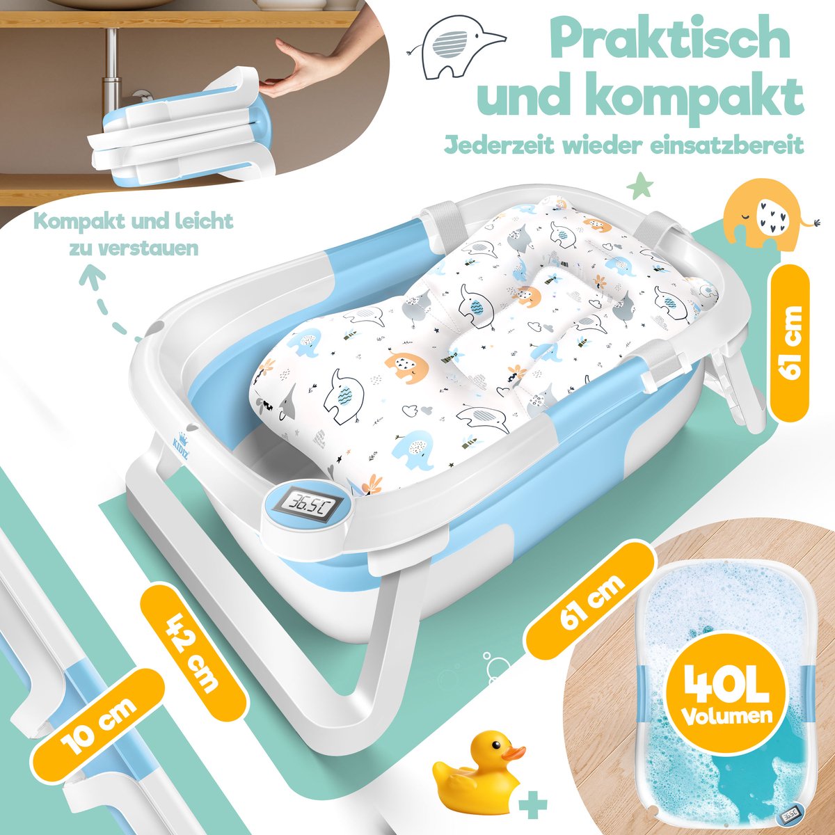 KIDIZ® Babybadje Opvouwbaar met Thermometer - 0-12 Maanden - Blauw