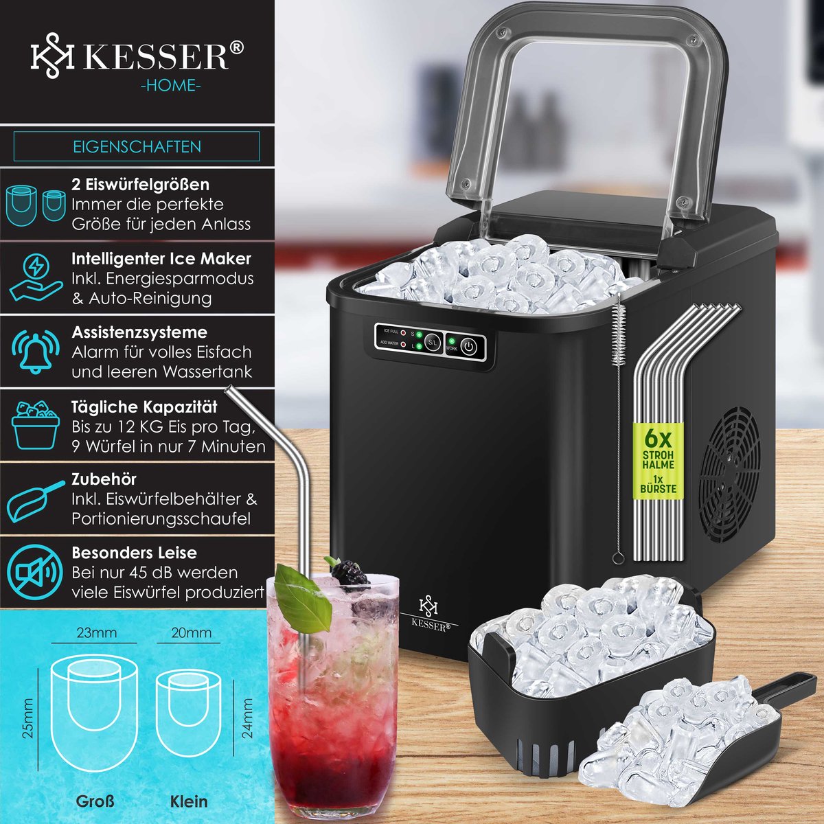 KESSER® Ijsblokjesmaker - Ijsblokjesmachine -12kg/24 uur - RVS - Zwart •