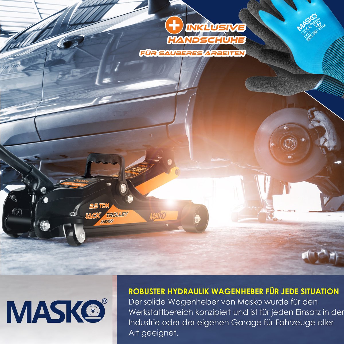 MASKO Hydraulische Autokrik - Garagekrik - 2.5 Ton - Oranje