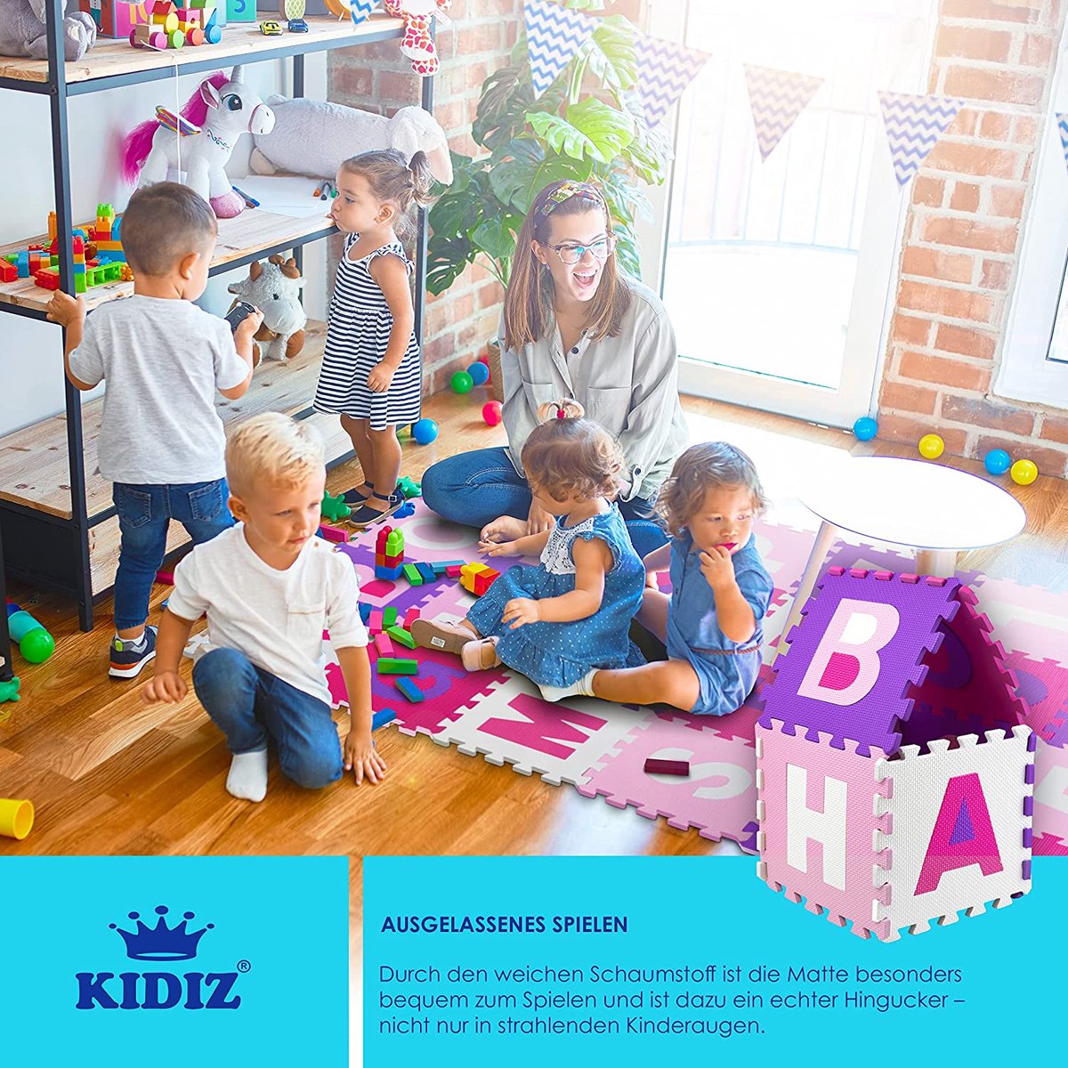 KIDIZ® 86-Delige Puzzelmat Speeltapijt Schuimmat Kindertapijt, Puzzel Cijfers en Letters Beschermende Mat - Roze