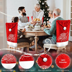 KESSER® Stoelhoes voor Kerst - Premium Hoes voor eetkamer stoelen Kerstdecoratie Stoelbekleding vor Kerstmis en Feestelijke Kerstmuts Kerstversiering - Rood-Wit, Merry Christmas, Set van 2