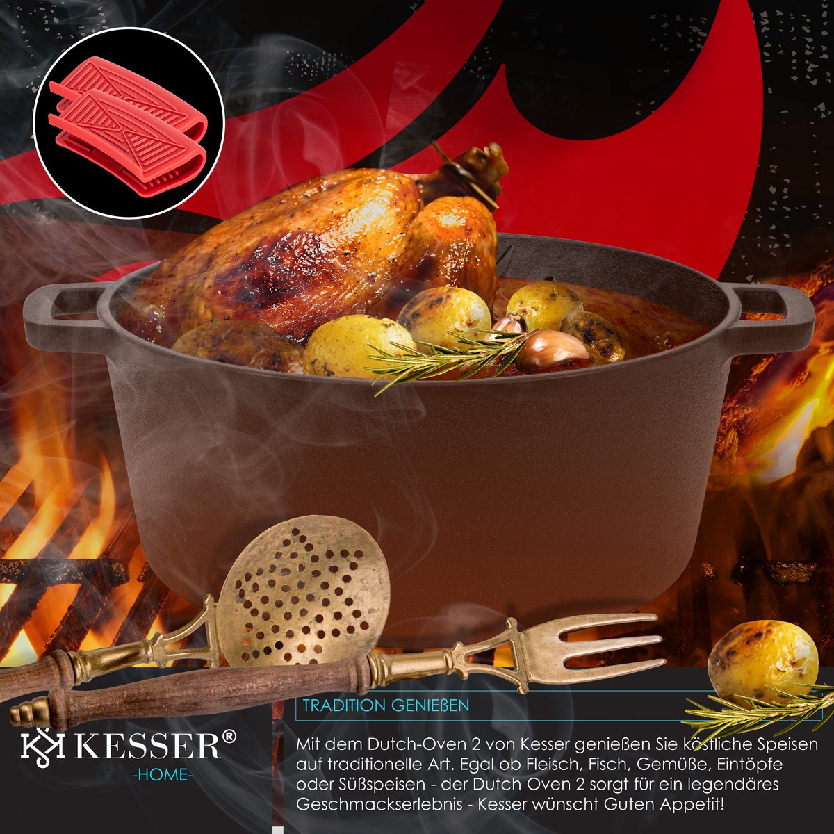 KESSER® Dutch Oven Gietijzeren Pan 1,8L en Pot 4,8L - Zwart