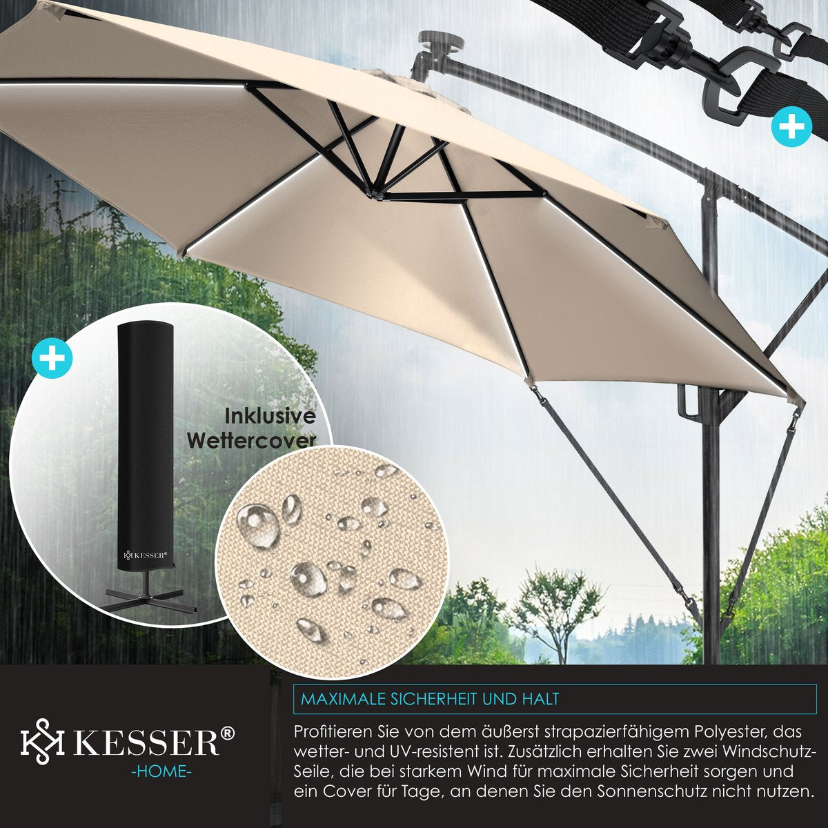 KESSER® Zweefparasol met voet - LED - Ø3.5m - 360° Draaibaar  - Beige •