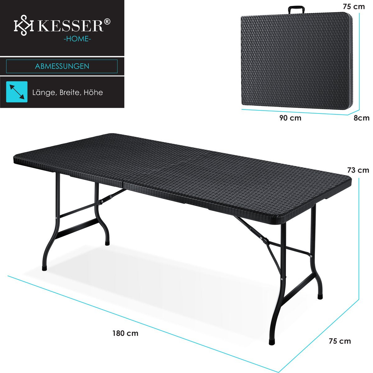 KESSER® Inklapbare Tafel 180x75x73cm Vouwtafel Kunststof - Campingtafel Klaptafel Geschikt voor 8 Personen voor Tuin, Terras en Balkon inclusief Draaggreep - Antraciet