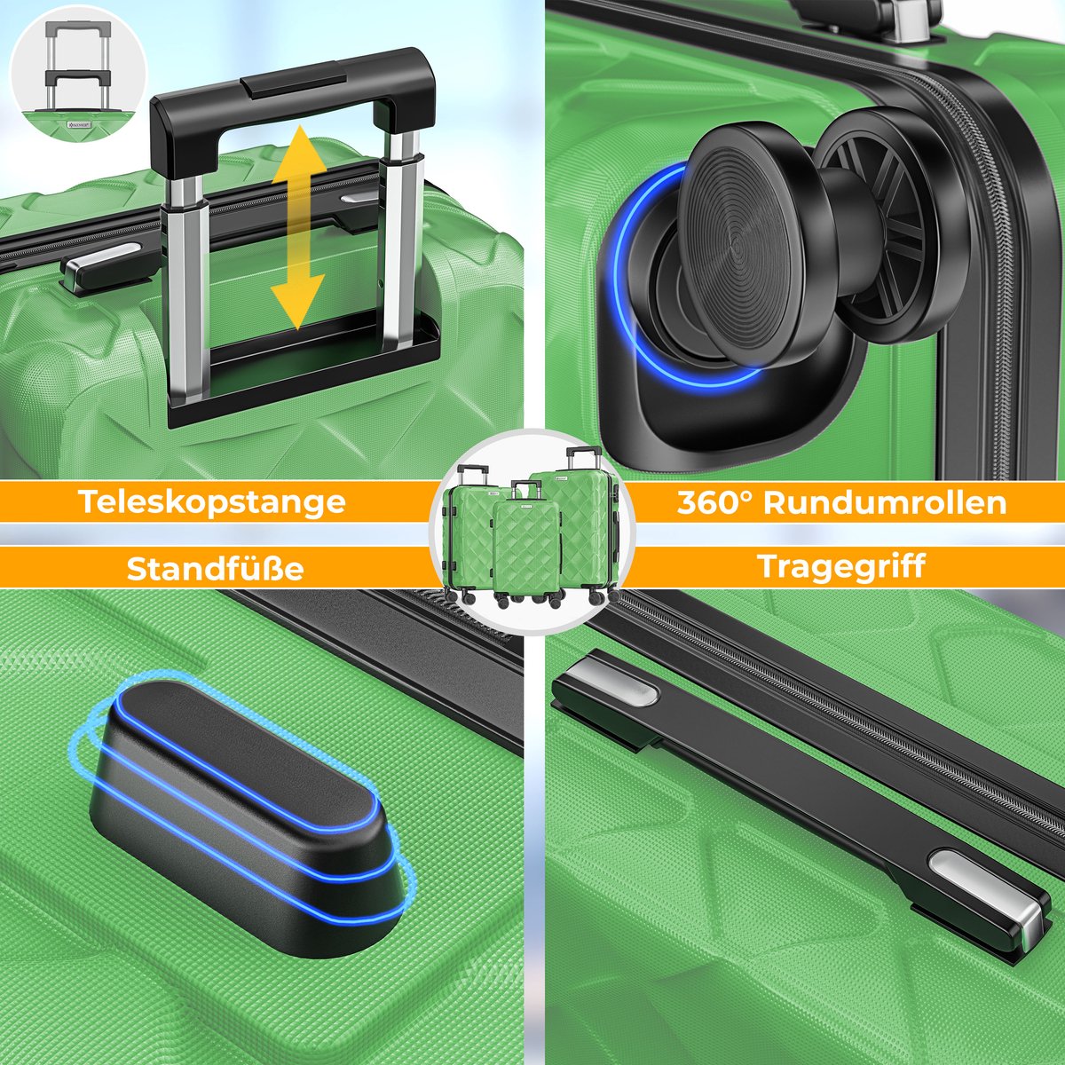 KESSER® Reiskofferset - 3-delig - ABS- Kofferset - Groen