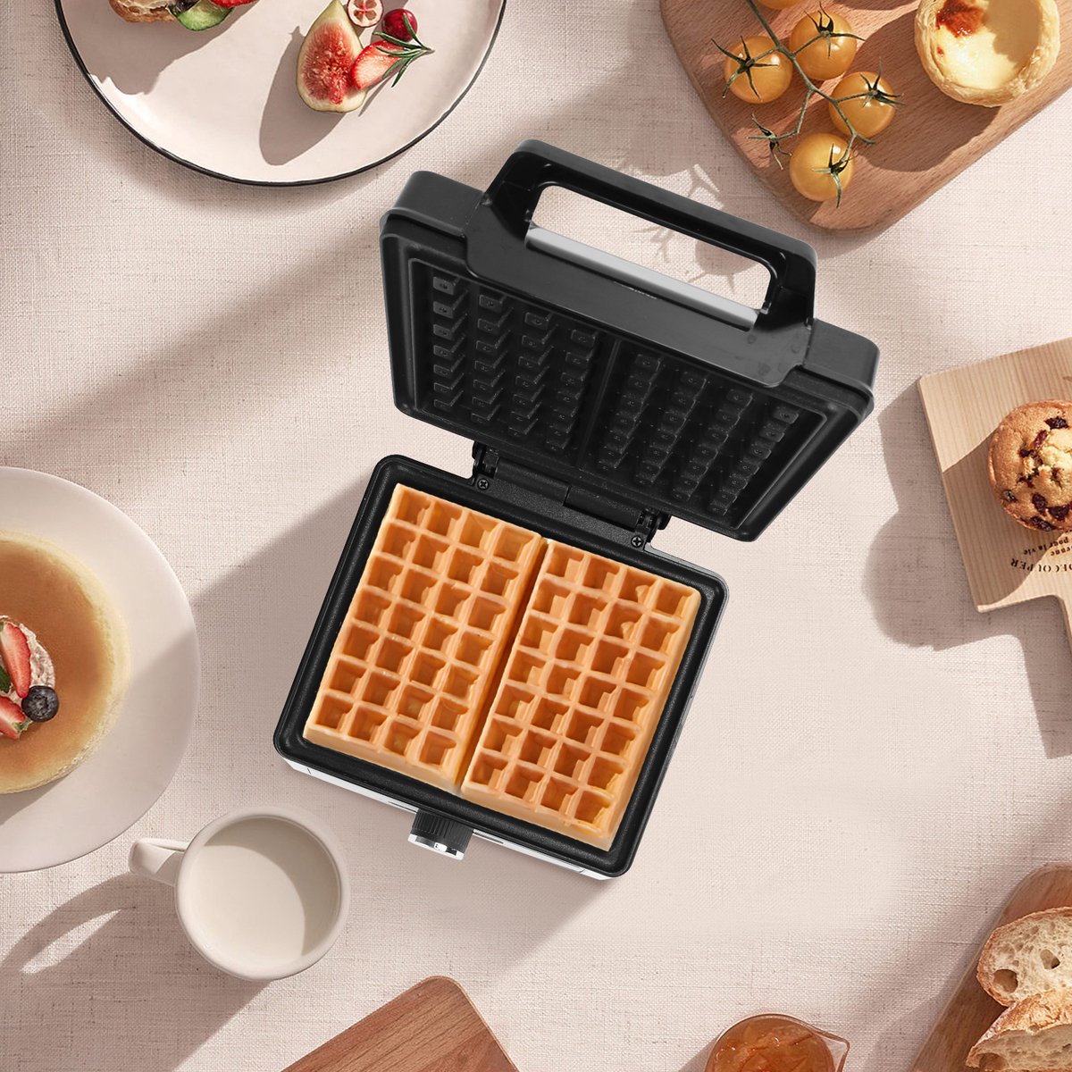 Aigostar Savory - Wafelijzer - 2 Belgische wafels - 4x7 - Regelbare thermostaat - Anti aanbaklaag - RVS - 20 x 17 cm - 1600W - Zwart •