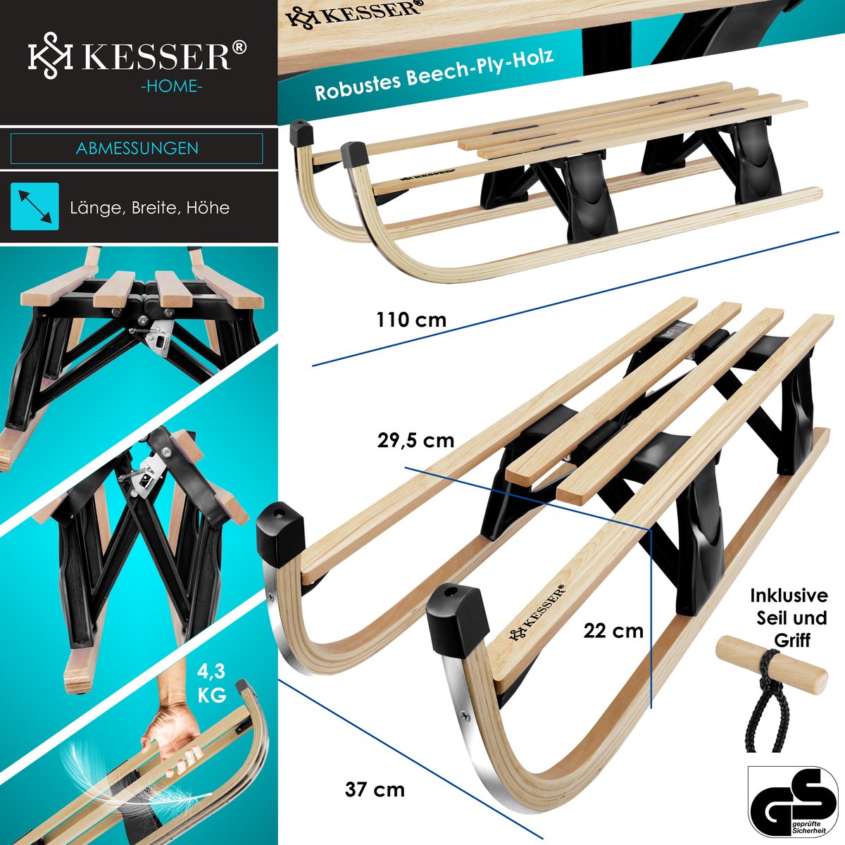 KESSER® Houten slee Premium slee Opvouwbare kinderslee van beukenhout incl. trektouw Slider Metalen lopers - Houten slee, Zwart