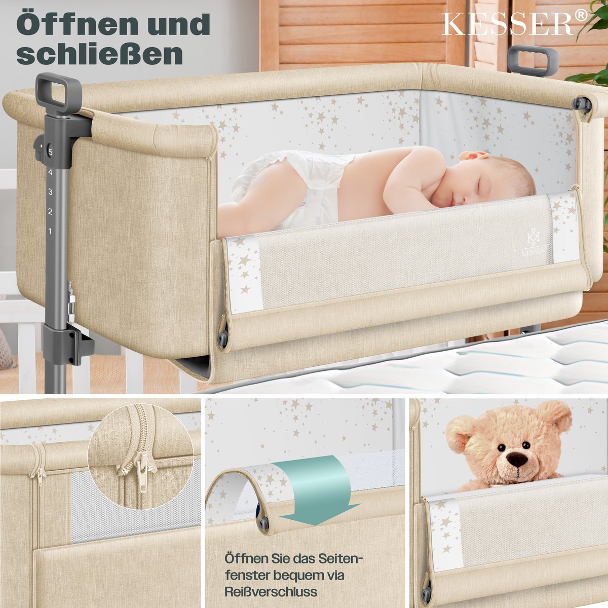 KESSER® 3in1 Ledikant - Babybed - Verstelbaar - Inklapbaar - Beige