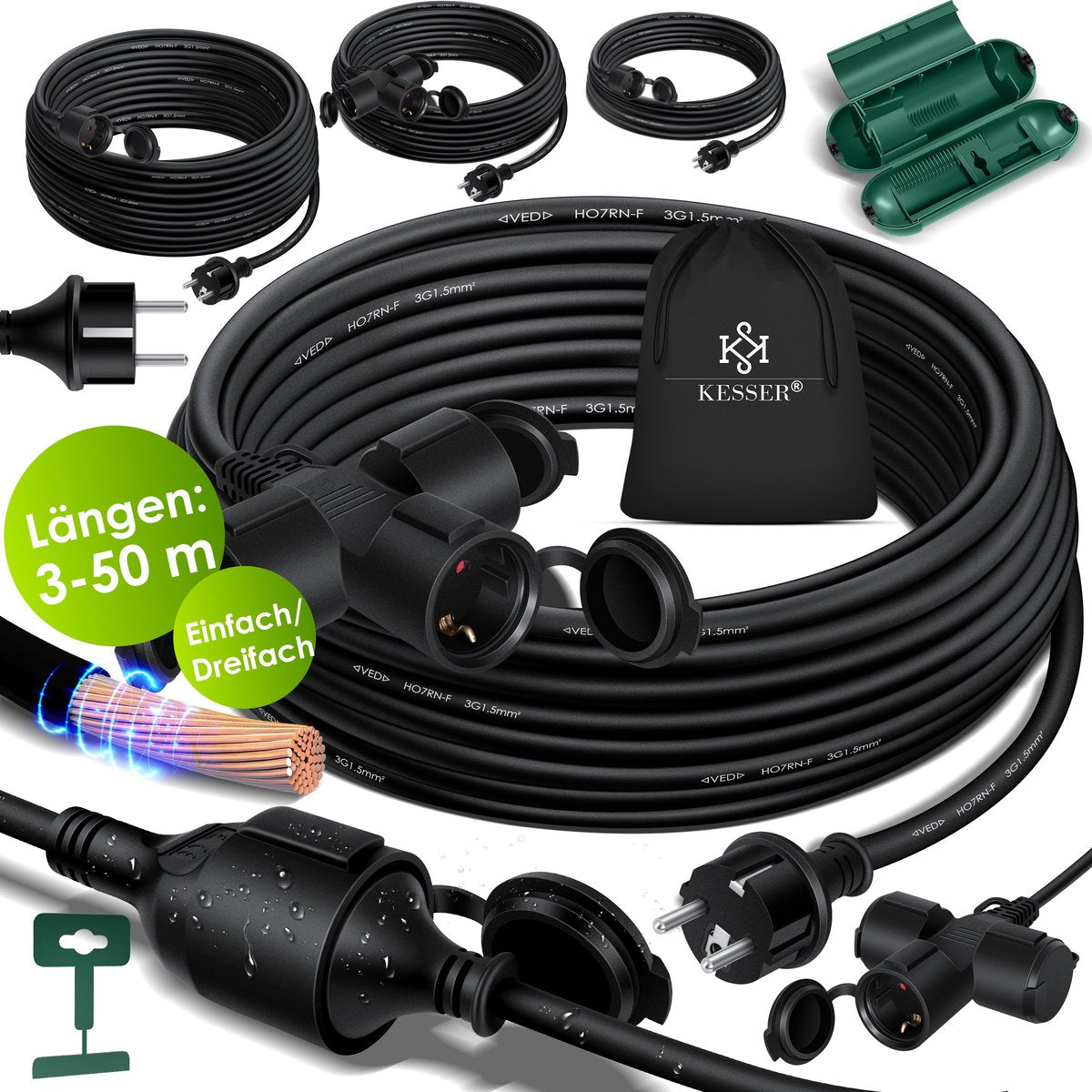 KESSER® Verlengkabel 40 meter voor binnen en buiten IP44 - Zwart