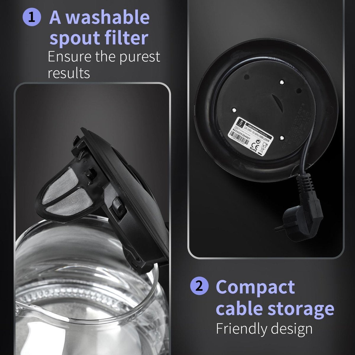 Taylor Swoden Glazen Waterkoker - 1L - 2200W - LED - Zwart
