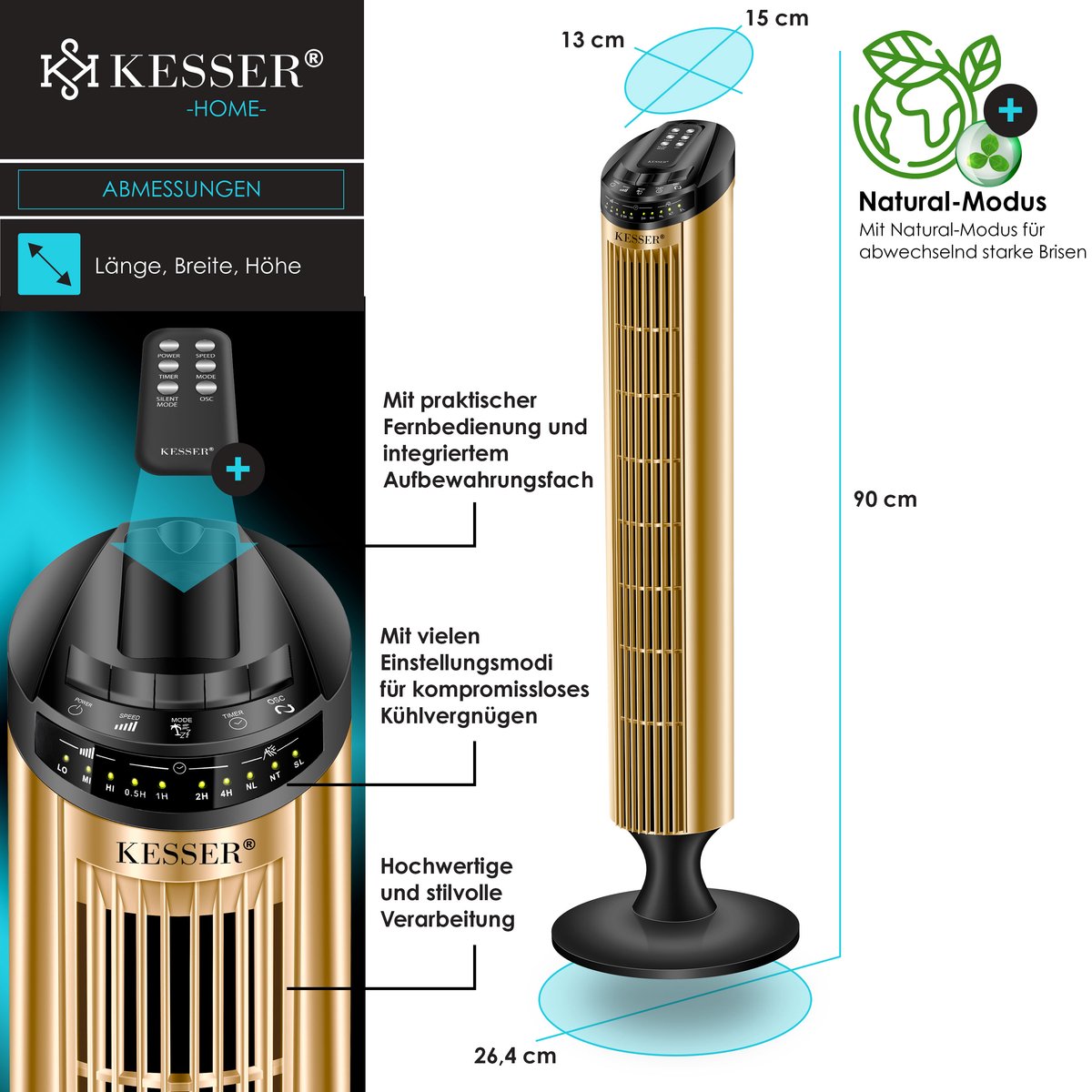 KESSER® Torenventilator - Fluisterstil - Oscillatie - Goud •