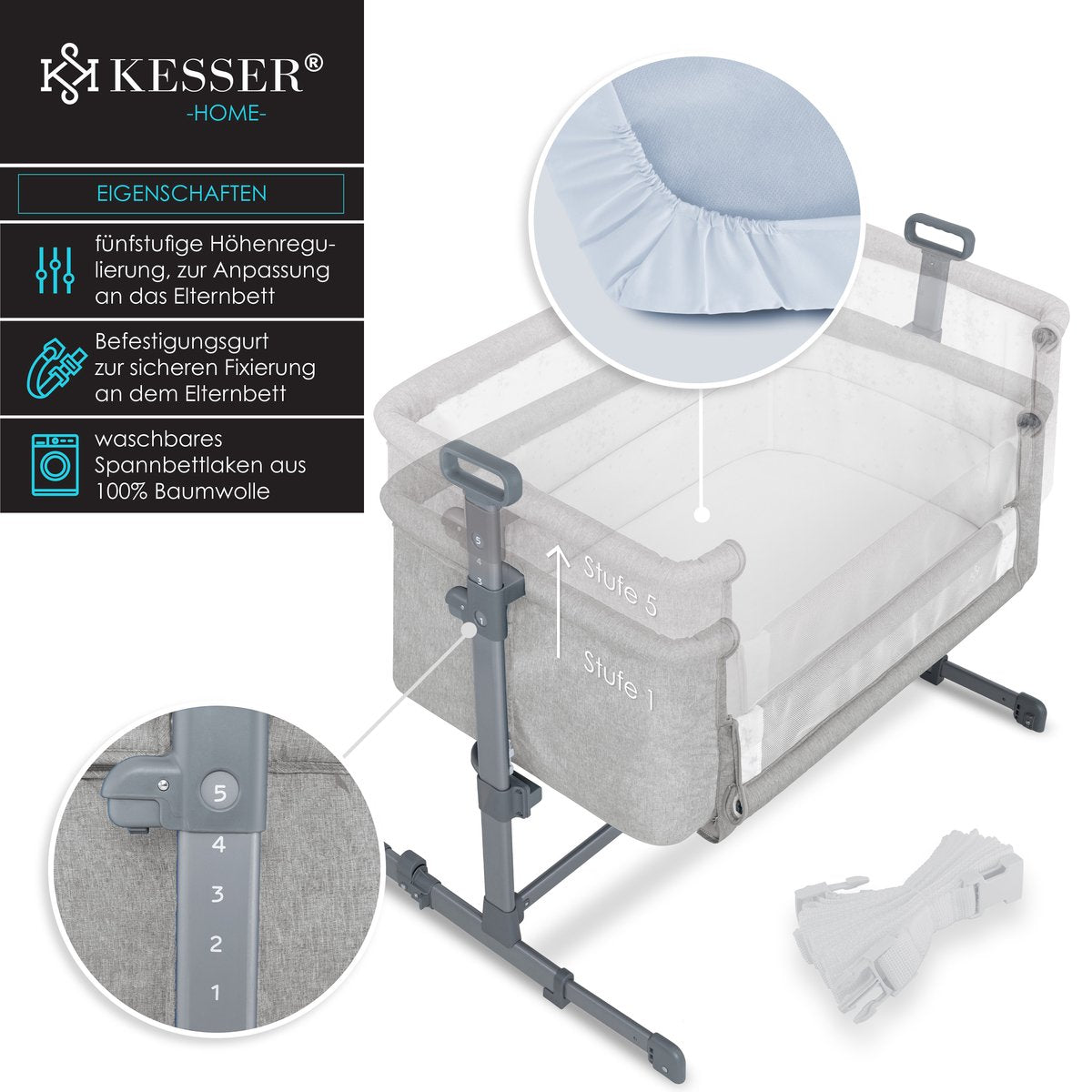 KESSER® 3in1 Ledikant - Babybed - Verstelbaar - Inklapbaar - Lichtgrijs