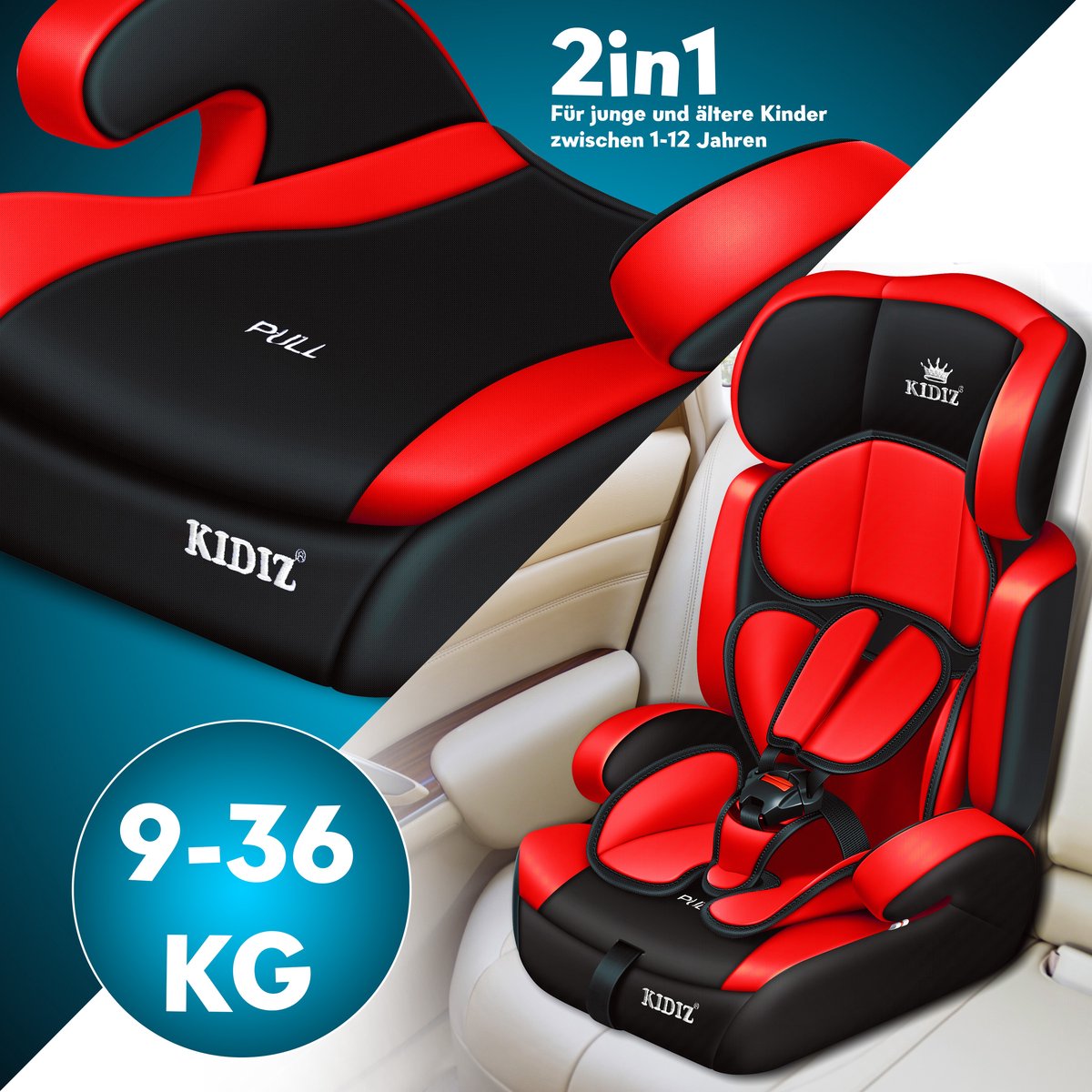 KIDIZ® Autostoeltje Groep 1+2+3  9-36 kg 5-punts veiligheidsgordel, Autostoeltje, Kinderzitje, Verstelbare Hoofdsteun | Stoelverhoger 1-12 jaar, Stabiel en Veilig - Rood