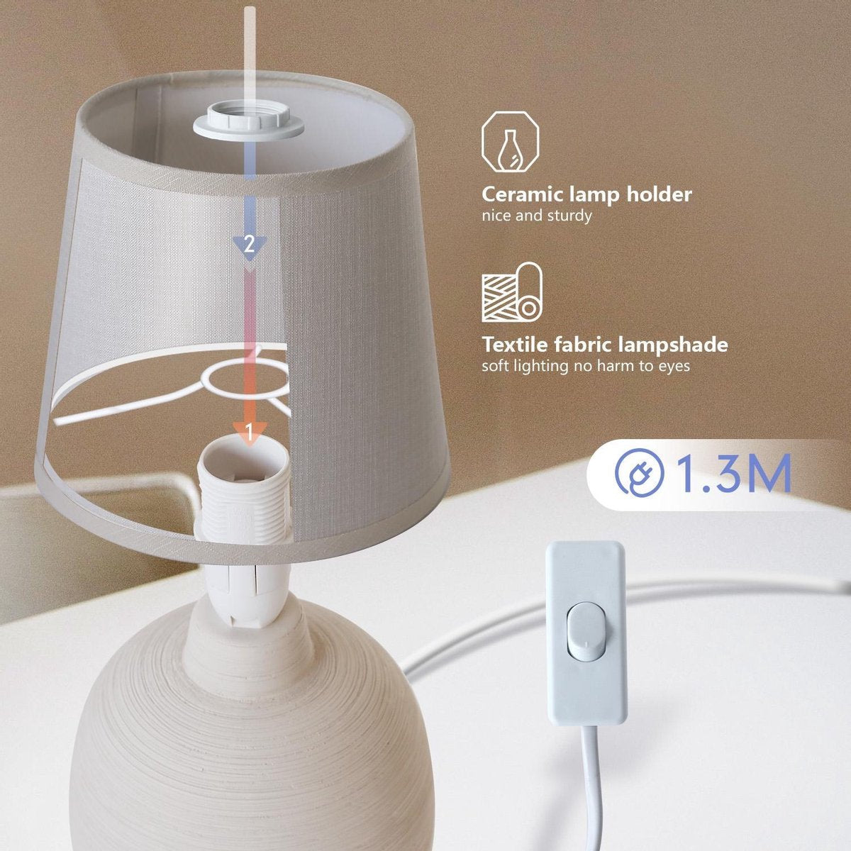 Aigostar Tafellamp - Keramiek - Lamp met kap