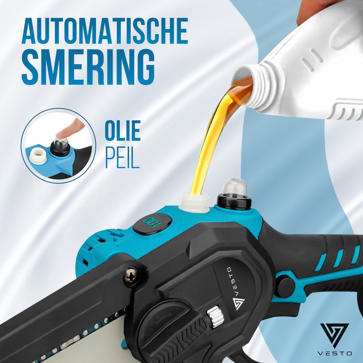 Vesto® Mini kettingzaag – Draadloos Inclusief 2 Led-Accu's – Heggenschaar Accu - Elektrisch Handkettingzaag - Snoeizaag - Takkenzaag - Handzaag - Boomzaag