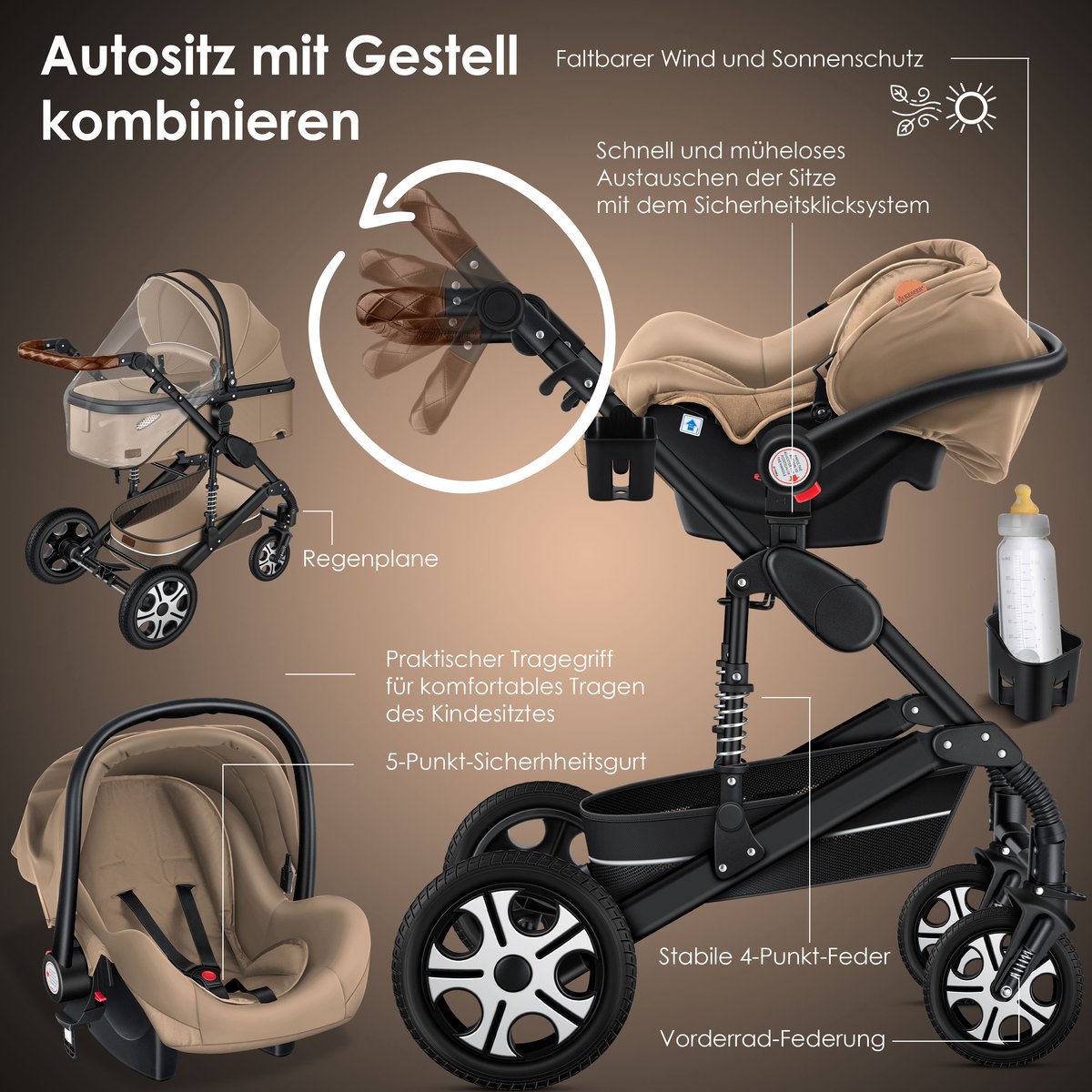 Kinderwagen 3 in 1 - Buggy - Wandelwagen - Kinderbuggy - Beige - KESSER®