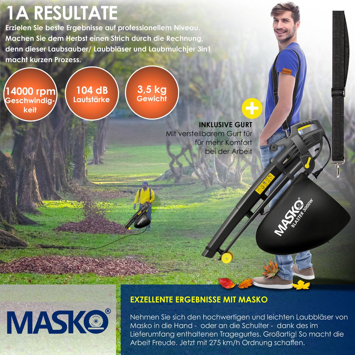 MASKO 3in1 Bladblazer - Bladzuiger 3000W - 45L opvangzak - Antraciet / Geel