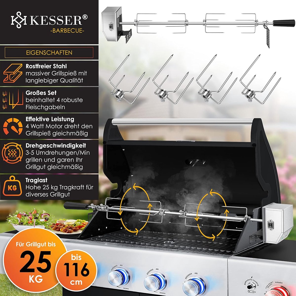 KESSER® RVS Rotisserie - 107cm -  Elektrische draaispit - Zilver