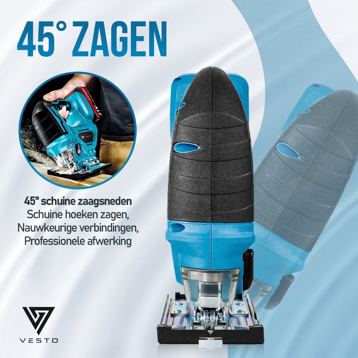 Vesto® Accu Decoupeerzaag – 21V Li-Ion – Variabele Snelheid – Zaagdiepte 65 mm – Incl. 2 Accu’s, Zaagbladen & Koffer – Draadloos – Voor Hout, Metaal & Kunststof