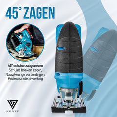 Vesto® Accu Decoupeerzaag – 21V Li-Ion – Variabele Snelheid – Zaagdiepte 65 mm – Incl. 2 Accu’s, Zaagbladen & Koffer – Draadloos – Voor Hout, Metaal & Kunststof