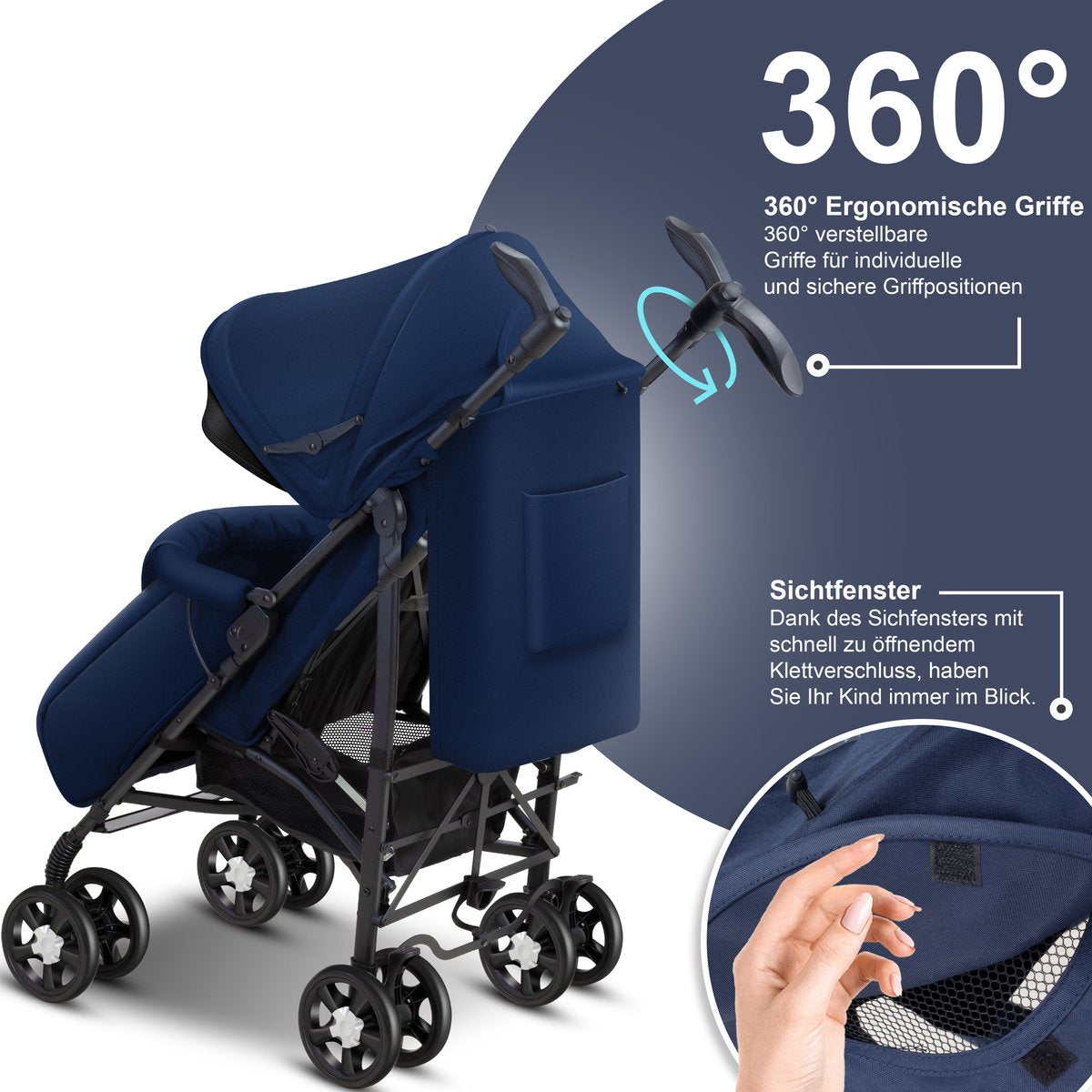 KIDIZ® Kinderwagen / Wandelwagen City-Pro Buggy Kinderbuggy Opvouwbaar Liggende wandelwagen Kinderwagen Opvouwbaar 360° 6-inch wielen Incl. muggennet, voetenzak en regenhoes Opvouwbaar Slaapfunctie - Marineblauw / Zwart