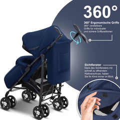 KIDIZ® Kinderwagen / Wandelwagen City-Pro Buggy Kinderbuggy Opvouwbaar Liggende wandelwagen Kinderwagen Opvouwbaar 360° 6-inch wielen Incl. muggennet, voetenzak en regenhoes Opvouwbaar Slaapfunctie - Marineblauw / Zwart