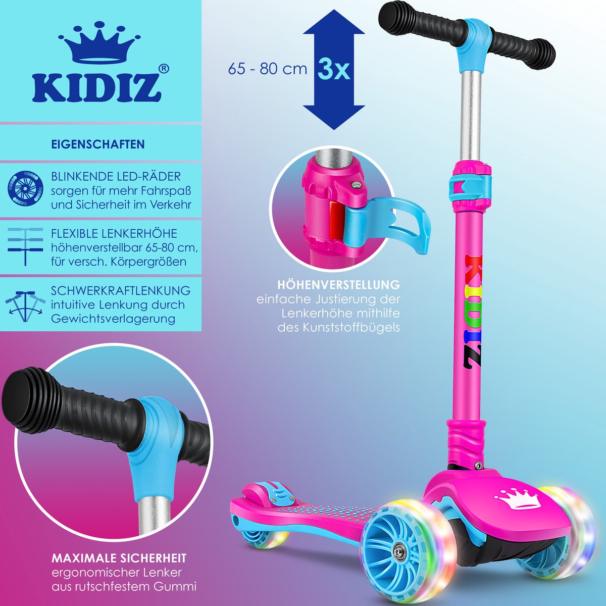 KIDIZ® Kinderstep - Opvouwbaar - Verstelbaar - City Scooter - Roze