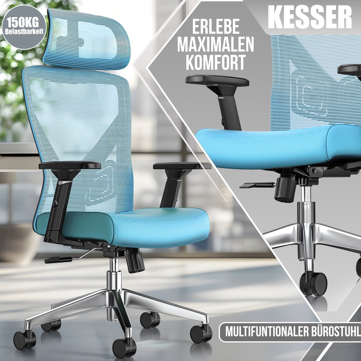 KESSER® Ergonomische Bureaustoel - Gamestoel - Office Chair - Blauw