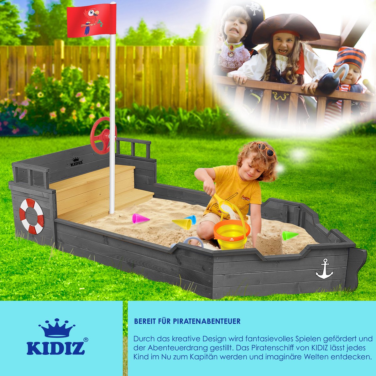 KIDIZ® Zandbak piratendesign - Met bankje - Antraciet