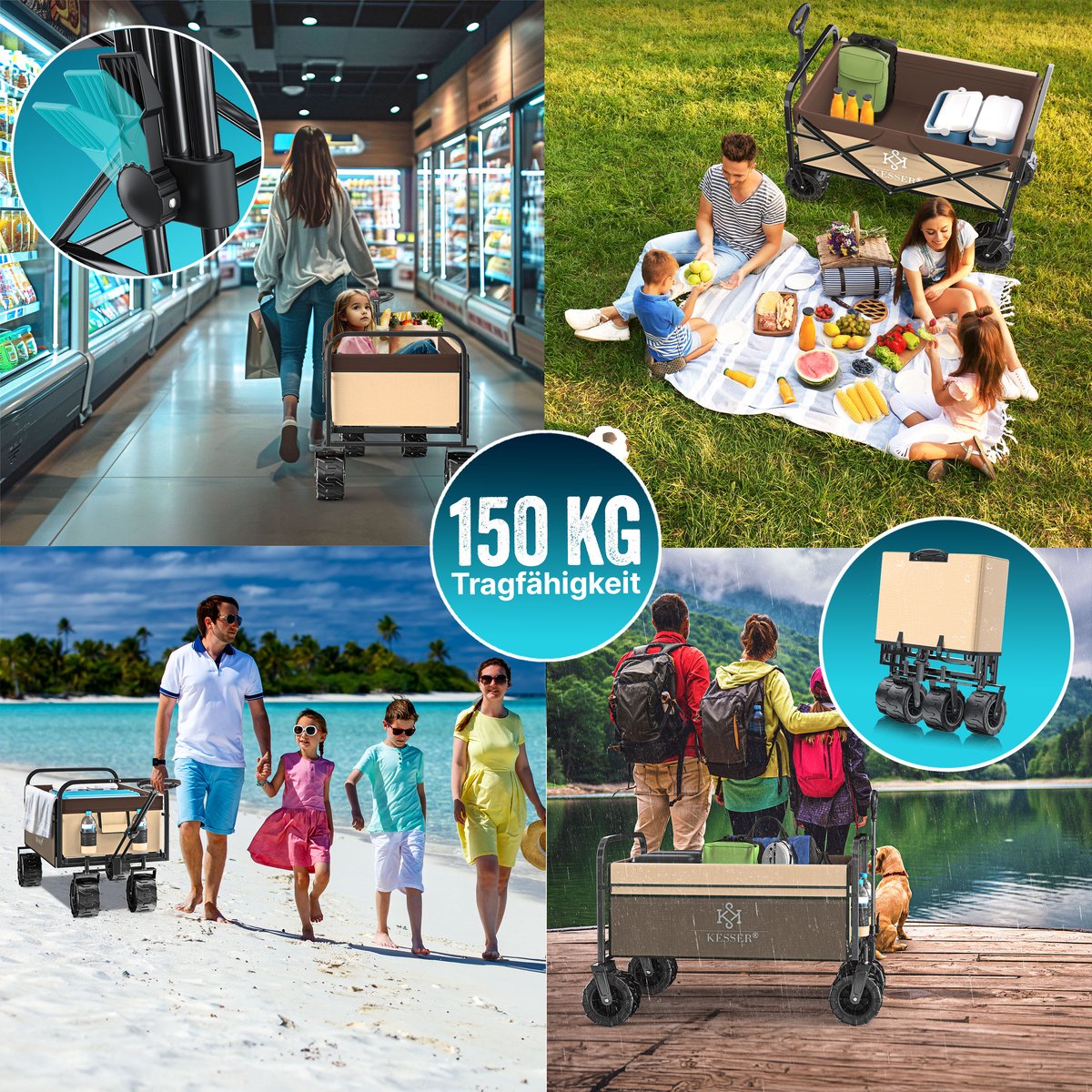 KESSER® Bolderkar opvouwbaar Bolderwagen tot 120 kg draagvermogen - Strandkar Transportkar - Beige